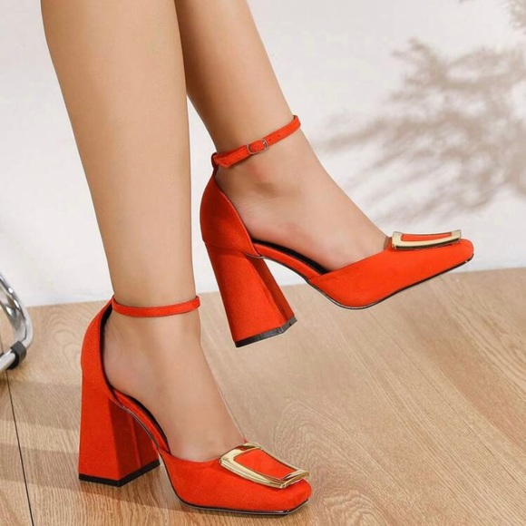 Orange Suedette Embellished Ankle Strap Block Heel Square Toe Pumps Shoes - Picture 3 of 5